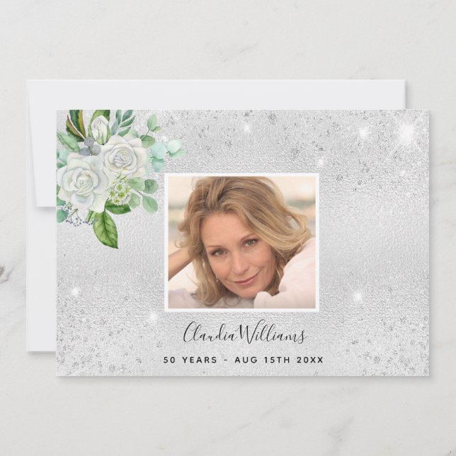 Tack för foto på födelsedagen silver glitter blomm kort (Baksida)