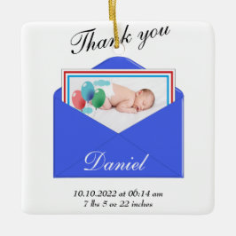 Tack för foto på födelsemeddelande julgransprydnad keramik