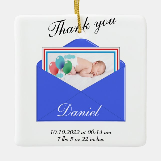 Tack för foto på födelsemeddelande julgransprydnad keramik (Framsida)