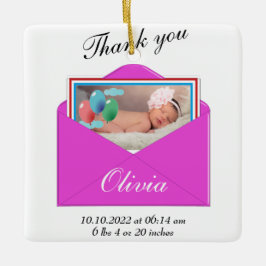 Tack för foto på födelsemeddelande julgransprydnad keramik