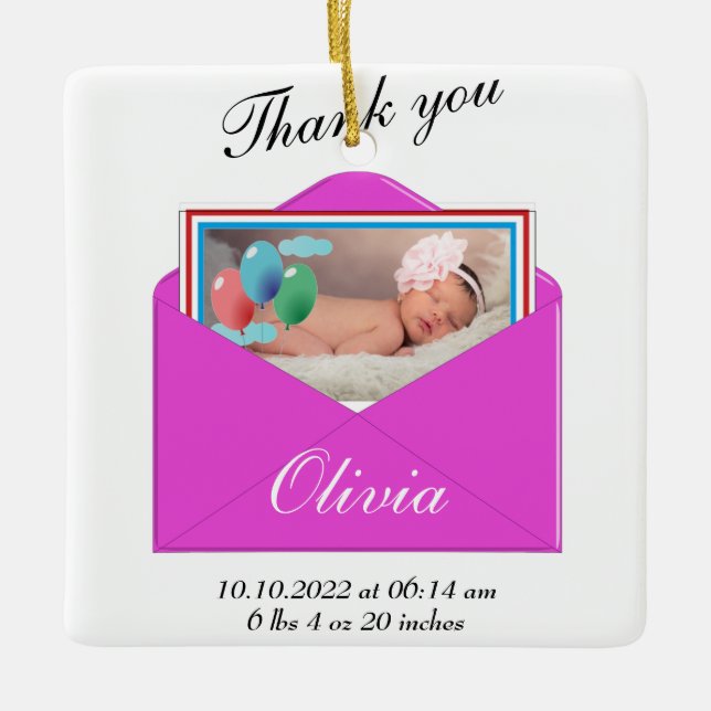 Tack för foto på födelsemeddelande julgransprydnad keramik (Framsida)