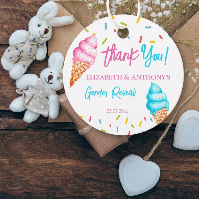 Tack för genderna av glass gåvor etiketter (Ice cream gender reveal thank you favor gift tags pink and blue ice cream cones with sprinkles)