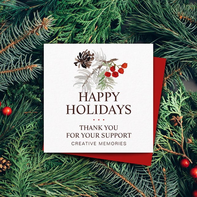 Tack för Gräs Cone Berries Fyrkantigt Visitkort (Christmas Watercolor Pine Cone Berries Thank You Square Business Card)