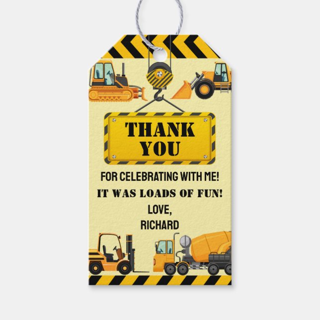 Tack för grattis på byggarbetsplatsens barnkalas presentetikett (Framsidan)