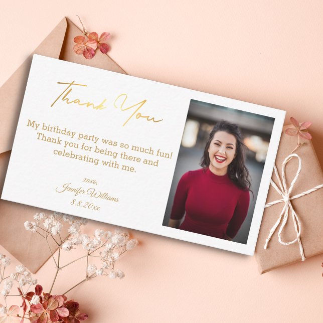 Tack för grattis på födelsedagen guld fotot chic anteckningskort (Skapare uppladdad)