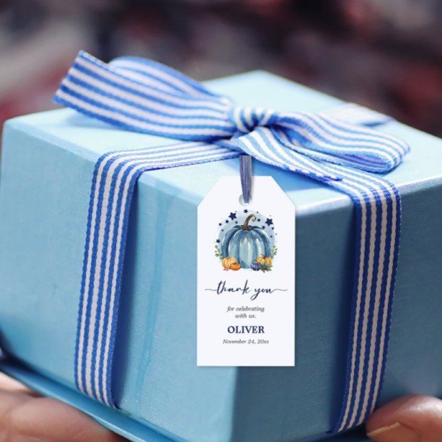 Tack för gratulationerna, Blå lilla pumpa pojke ba Presentetikett (thznk you gift tag blue pumpkin boy babyshower)