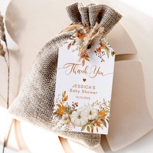 Tack för gratulationerna lilla pumpa baby shower presentetikett (Skapare uppladdad)
