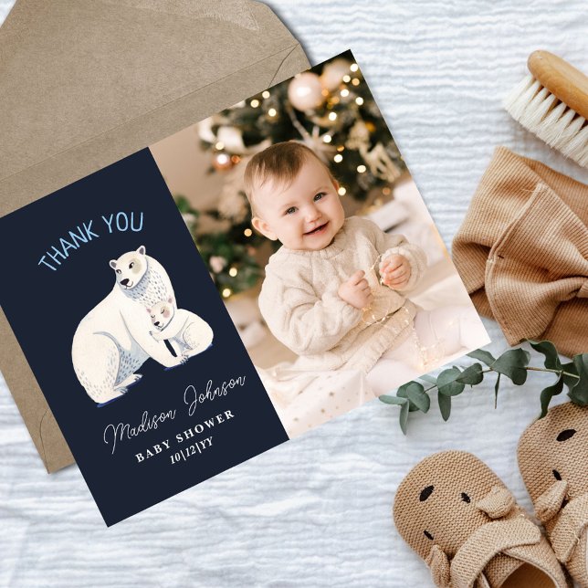Tack för gratulationerna till Polar Björn Vinter B Vykort (Polar Bear Winter Baby Shower Thank You Postcard)