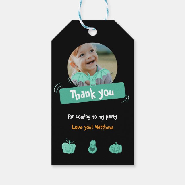 Tack för grönt och svart Halloween-födelsedag Presentetikett (Framsidan)
