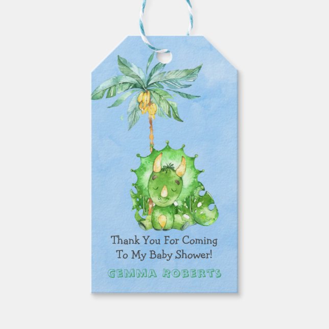 Tack för grönt Paint Triceratops Baby Shower Presentetikett (Framsidan)