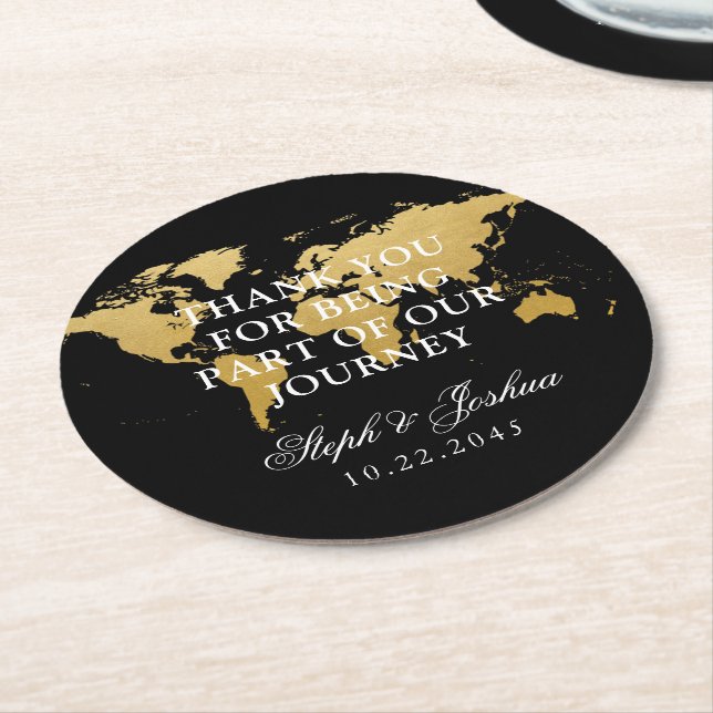 Tack för Guld Black World Map Wedding Underlägg Papper Rund (Vinklad)