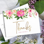 Tack för Guld Rosa Blommigt Bat mitzvah Vykort<br><div class="desc">Se till att din favorit Bat mitzvah visar hennes uppskattning för alla som stödde hennes milstolpe-händelse! Skicka ut det här sofistikerade personligen tack för vykortet! En vattenfärg för chic, bedövning, rosa och persikofärgad blommigt med faux guld-folie, typografi och modern dammig ro sans serif-typ täcker över en vit bakgrund. En guld-stjärna...</div>