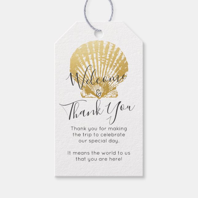 Tack för guld Seashell Beach Wedding Presentetikett (Framsidan)