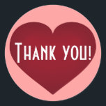 Tack för hjärtat runt klistermärke<br><div class="desc">Den här anpassningsbarna runt etiketten innehåller ett krimson-hjärta som innehåller frasen "Tack!" i ett vasst vitt teckensnitt. Klicka på "Anpassa" om du vill ändra storlek/position för krimson-hjärta, ändra bakgrund färg och/eller ändra texten. Det krampfärgade hjärtdekalet fungerar bra som ett högtidligt tillskott till vin flaskor, matsalar, presentpåsar eller annat party favors...</div>