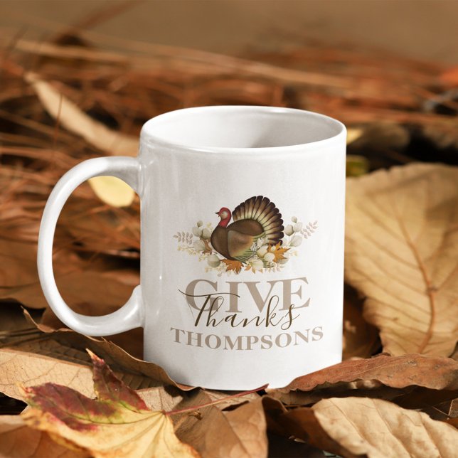 Tack för hösten Thanksgiving Ge Kaffemugg (Give Thanks Thanksgiving watercolor turkey. )