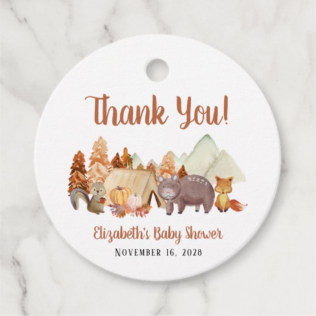 Tack för höstträdsdjur, babyskor gåvor etiketter (Framsida)