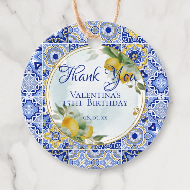 Tack för italienska Blå Guld Tiles Lemons Gåvor Etiketter (Framsida)