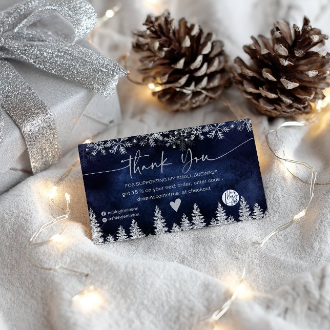 Tack för julorder för marinvintersnöflingor visitkort (Navy Winter Snowflake Christmas Order Thank You Business Card)
