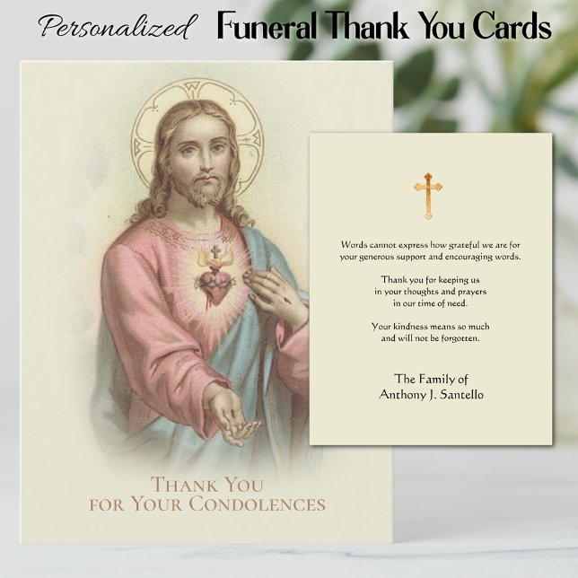 Tack för katolskt Heliga-tecken (Personaiized Catholic Sacred Heart of Jesus Funeral Memorial Thank You Cards)