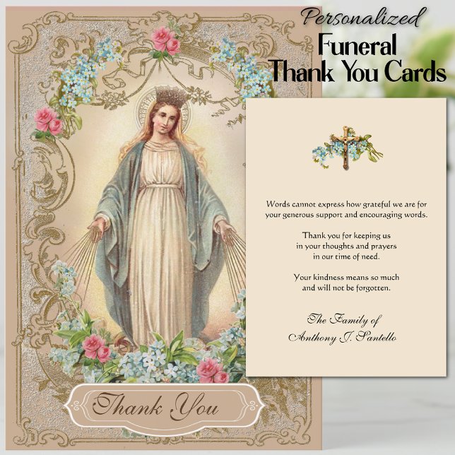 Tack för katolskt Heliga-tecken Kort (Personalized Traditional Catholic Virgin Mary Funeral Thank You Cards)
