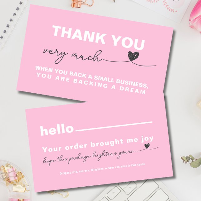 Tack för kundens uppskattning av Rosa-anteckningsh Visitkort (Thank you Customer appreciation Pink note heart)