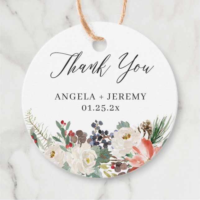 Tack för lantlig vinterblomma och järnekbär gåvor etiketter (Framsida)