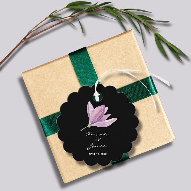 Tack för Lila av chic Blommigt Gåvor Etiketter (Purple Magnolia Floral Watercolor Scallop Shape Wedding Favor Tags)