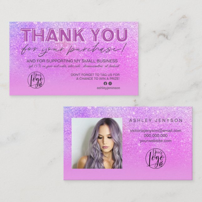 Tack för lila glitter-skriptfotot, logotyp visitkort (Fram/baksida)