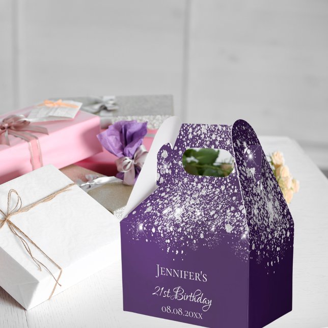 Tack för lila vid silver glitter namn presentaskar (Skapare uppladdad)