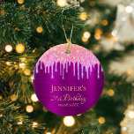Tack för lilans rosa glitter julgransprydnad keramik<br><div class="desc">Elegant, klassisk, glamorös och giftig för en 21:a (eller någon annan ålder) födelsedag. En chic djup lila faux metallisk folie tittar bakgrund. Texten: 21:a födelsedagen och Tack, skriven med ett modernt handskript i stil. Dekorerad med regnbåge, färgad faux glitter, färgdroppstift i lila, rosa och ro guld. Anpassa och lägg till...</div>