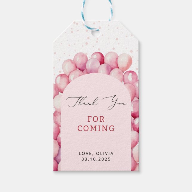 Tack för ljus rosa ballongbunt presentetikett (Framsidan)