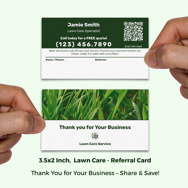 Tack för Logotyp av gräsmatta Rabattkort (Lawn Care Service Logo Thank You Referral Card; Size 3.5x2 Inch (US))
