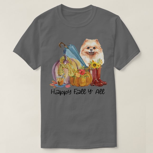Tack för lycklig Fall Yall Pommern Hund älskare T Shirt (Design framsida)