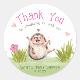 Tack för Lycklig Garden Hedgehog Baby Shower Runt Klistermärke