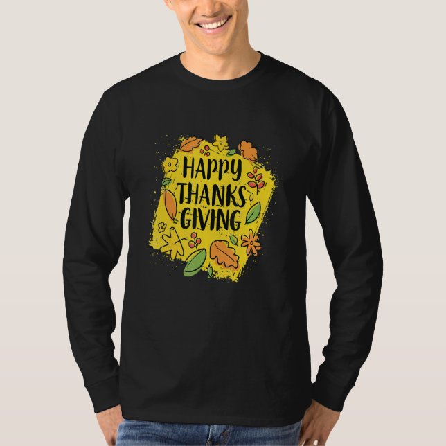 Tack för lycklig Ge i Gultens bakgrund Thanksgiv T Shirt (Framsida)