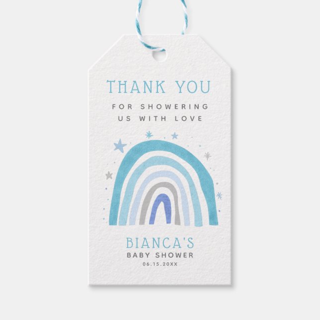 Tack för magiskt blått regnbåge, babykläder presentetikett (Framsidan)