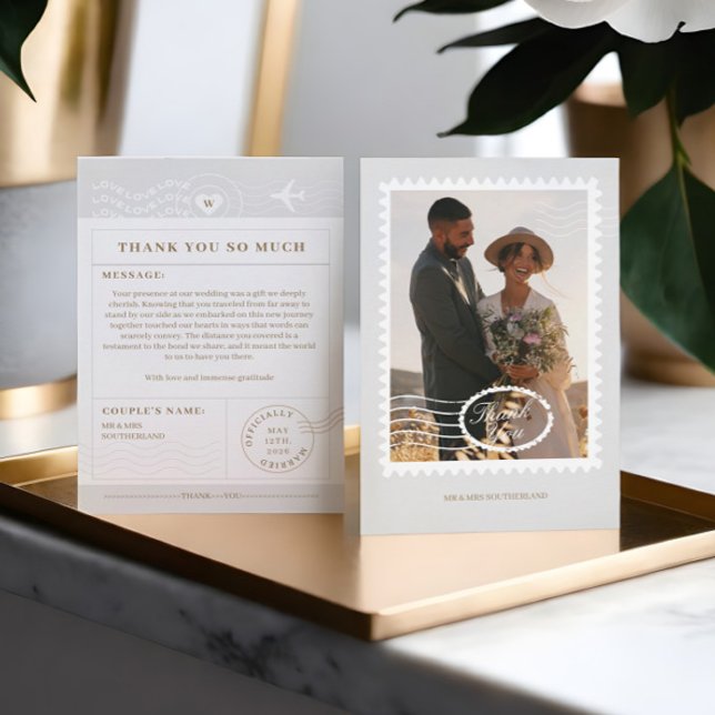 Tack för målbröllopsreseteme (Destination Wedding Travel Theme Photo Thank You)