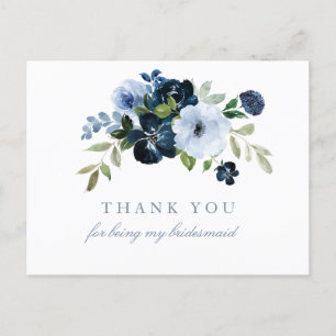 Tack för marin och ljusblå blommigt, Bridesmaid-ko Inbjudan Vykort