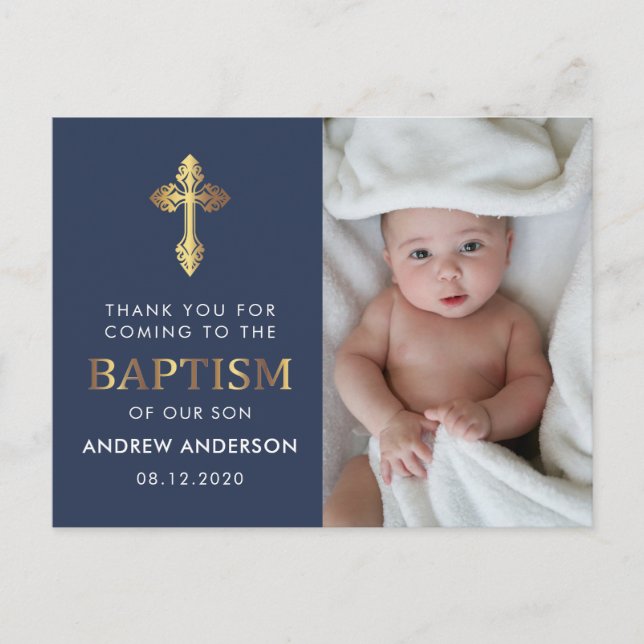 Tack för marinblått och Guld foto-baptism Vykort (Framsida)