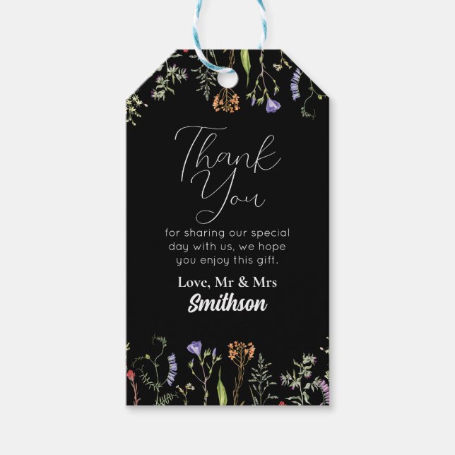 Tack för Märkre Bröllop Wildbloms Blommigt Mörk Presentetikett (Framsidan)