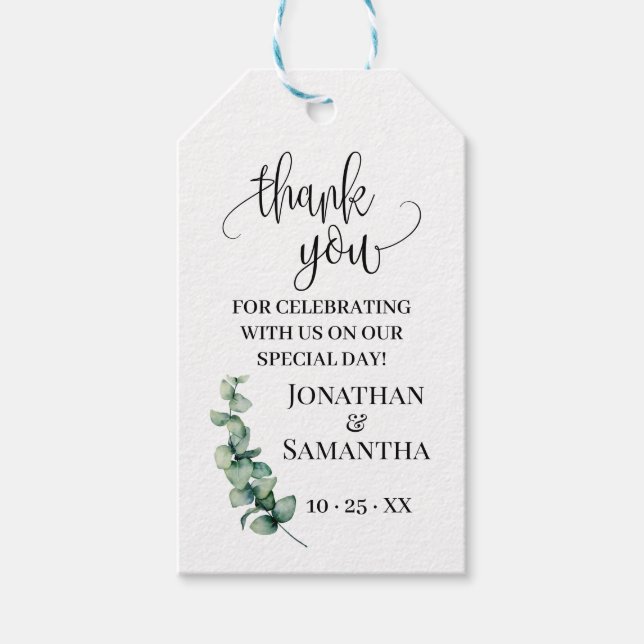 Tack för märkrn för e-eukalyptus-bröllop presentetikett (Framsidan)