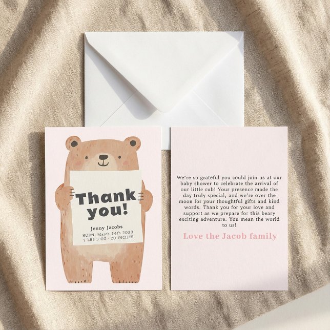 Tack för meddelande om Rosa Bear Baby Inbjudningar (Adorable Pink Bear Baby Announcement Thank You.)