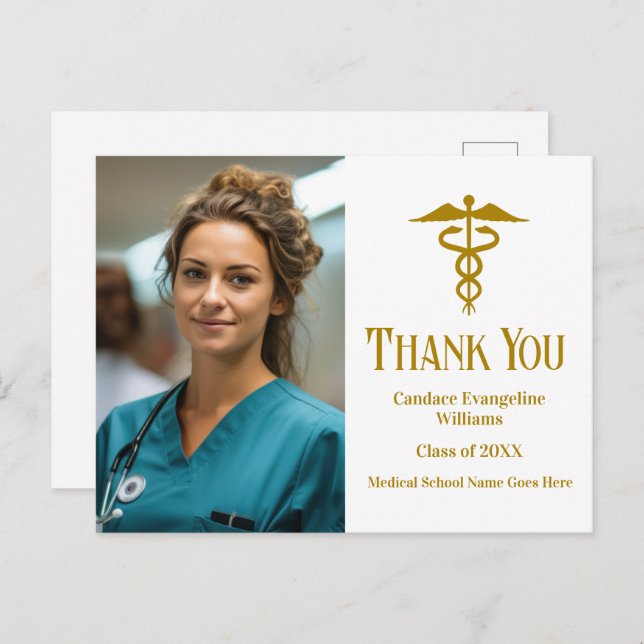 Tack för medicinsk examen fototackkort i guld vykort (Fram/baksida)