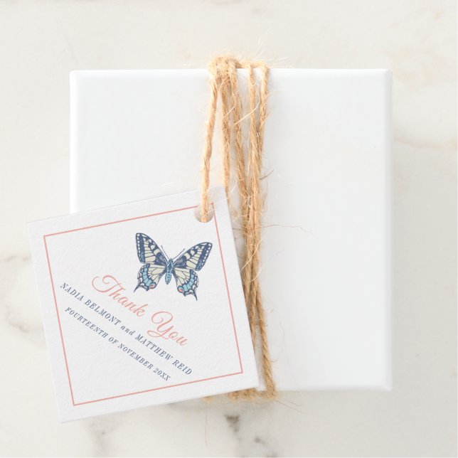 Tack för minsta svansande korallblått bröllop gåvor etiketter (På plats)