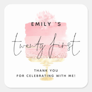 Tack för Modern Rosa Cake Namn 21:a födelsedagen P Fyrkantigt Klistermärke