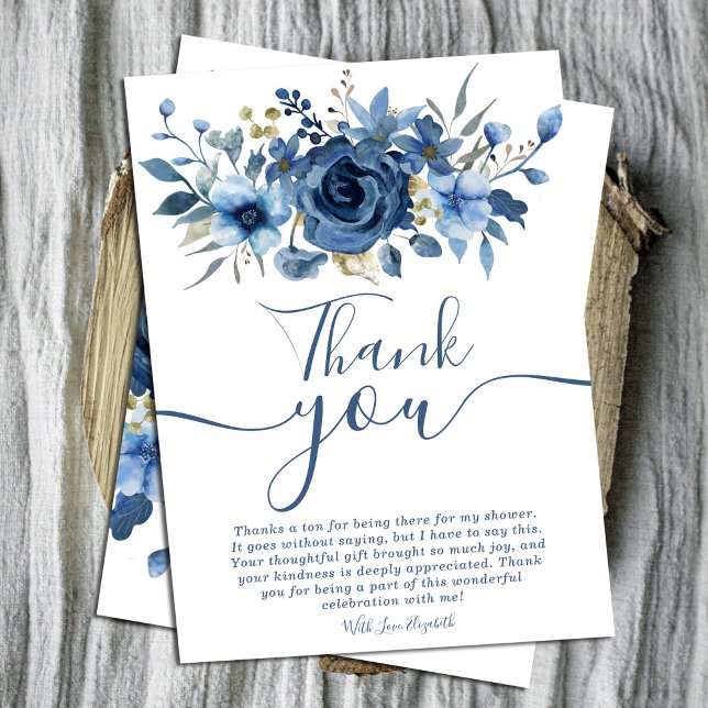 Tack för möhippan för Blommigten elegant Ice Blue  Inbjudningar (Elegant Ice Blue Winter Floral bridal shower thank Card.#navybluefloral #winterthankyoucard #chic)