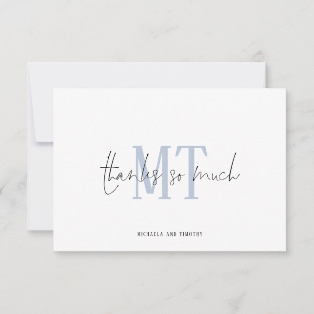 Tack för Monogram Initialer Namn Dusty Blue Bröllo Anteckningskort (Framsida)