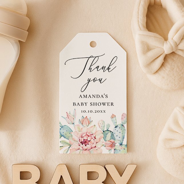 Tack för mysigt bebisfest | Blommig Kaktus Presentetikett (Skapare uppladdad)