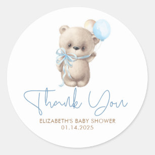 Tack för nalle Cute Blue Brown Baby Shower Runt Klistermärke