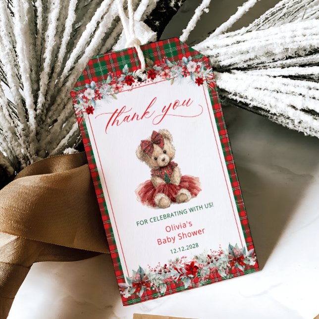 Tack för nalle Jul Girl Baby Shower Presentetikett (Skapare uppladdad)